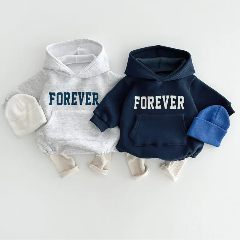 長袖フーディ風ロンパース(グレー/ネイビー)、FOREVERロゴプリント