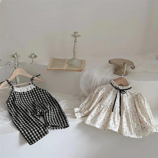 長袖セットアップ ベビートップス/サロペット スタンドフリルカラー長袖ブラウス/チェック柄キャミソールサスペンダーパンツ【mh0008535】