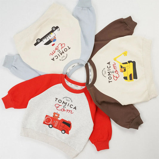 トレーナー・フーディ キッズトップス 働く車プリントラグランパッチワーク長袖スウェットシャツ【mh0008576】