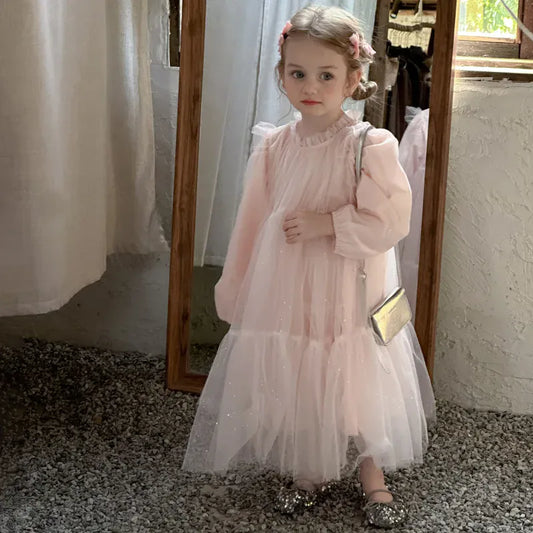 長袖ワンピース キッズワンピース ティアードチュチュチュールフリル長袖パーティドレスワンピース【mh0008665】