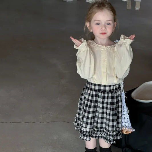 長袖セットアップ キッズトップス/スカート ピンタックレース襟長袖ブラウス/チェックフリルミニスカート【mh0008666】