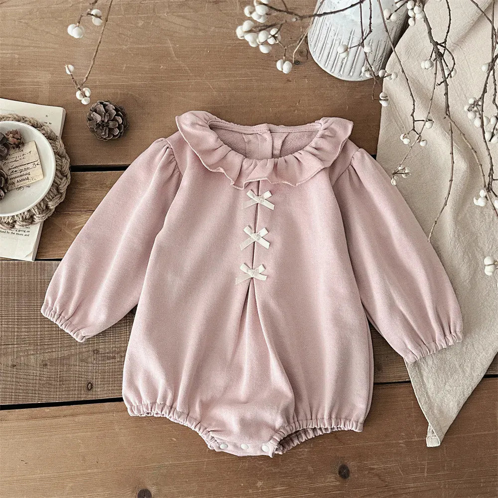 長袖ロンパース ベビーロンパース フロントリボンタックラッフル襟長袖ボディスーツ【mh0008844】