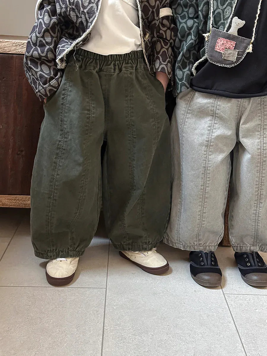 キッズ用ルーズロングパンツ、カーキとグレー(裾まわりゆったり)
