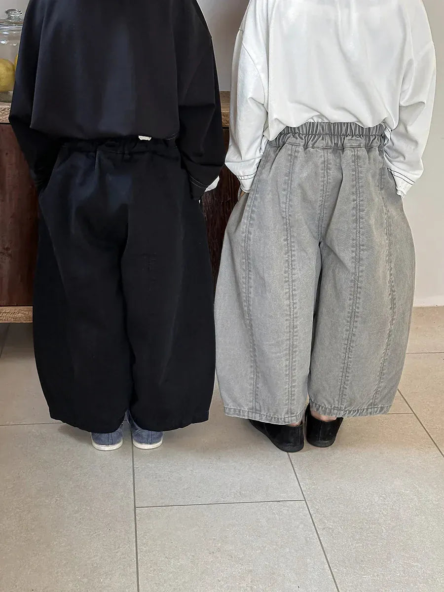 キッズ用ルーズロングパンツ、黒とグレー(ウエストゴム・ロング丈)