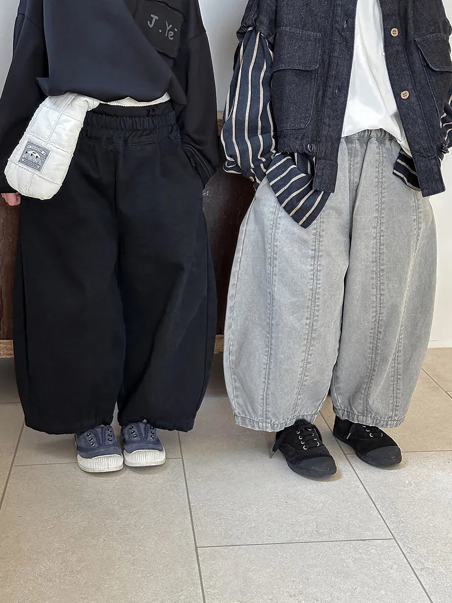 キッズ用ルーズロングパンツ、黒とグレーの2色(ゴムウエスト)
