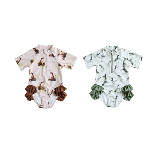 ベビー用水着 キッズ水着 ダックあひる/キツネプリント ガールズ半袖スイムウェア 帽子セット【mh0009081】