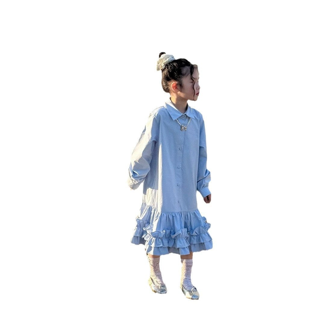 長袖ワンピース キッズワンピース 襟付き裾フリル長袖シャツワンピース【mh0009190】