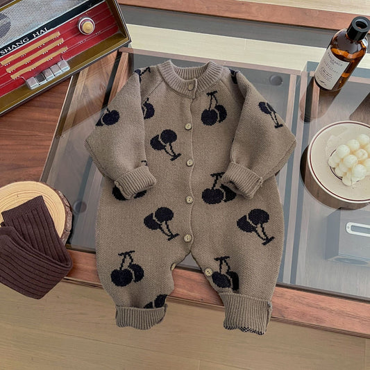 長袖ロンパース ベビージャンプスーツ チェリー刺繍ニット長袖ロンパース【mh0009196】