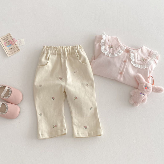 長袖セットアップ キッズパンツ フラワー刺繍ホワイトデニムロングパンツジーンズ【mh0009199】