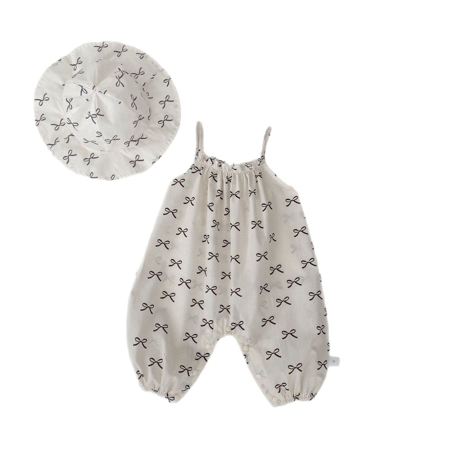 ノースリーブジャンプスーツ リボンプリントキャミソールサロペットジャンプスーツ+帽子セット【mh0009706】