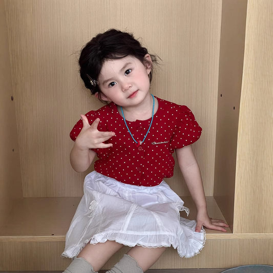 半袖セットアップ 水玉プリント半袖パフスリーブブラウス/レースフリルスカート【mh0009728】