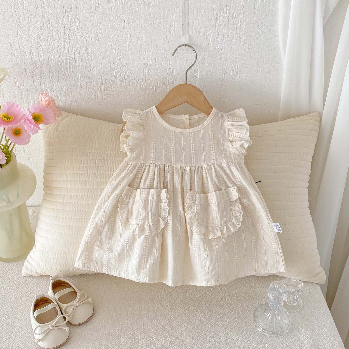 ノースリーブワンピース 刺繍レースポケットフリルスリーブワンピース【mh0009757】