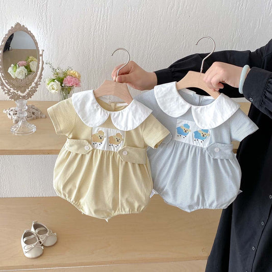 半袖ロンパース ひつじ刺繍丸襟ボーダー半袖ロンパース【mh0009759】