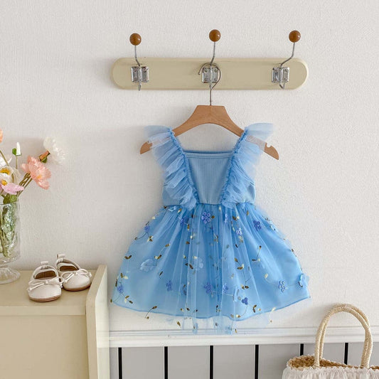 ノースリーブワンピース フラワー刺繍チュールスカートバタフライスリーブドレスワンピース【mh0009769】