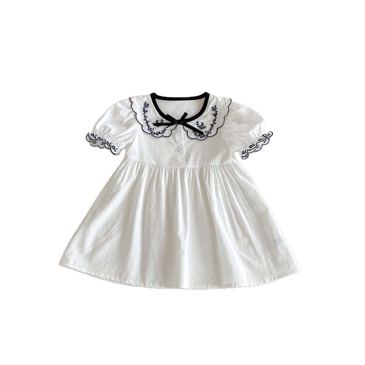 半袖ワンピース フラワー刺繍襟リボン半袖パフスリーブワンピース【mh0009771】