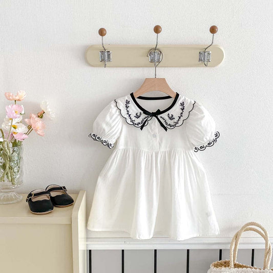 半袖ワンピース フラワー刺繍襟リボン半袖パフスリーブワンピース【mh0009771】