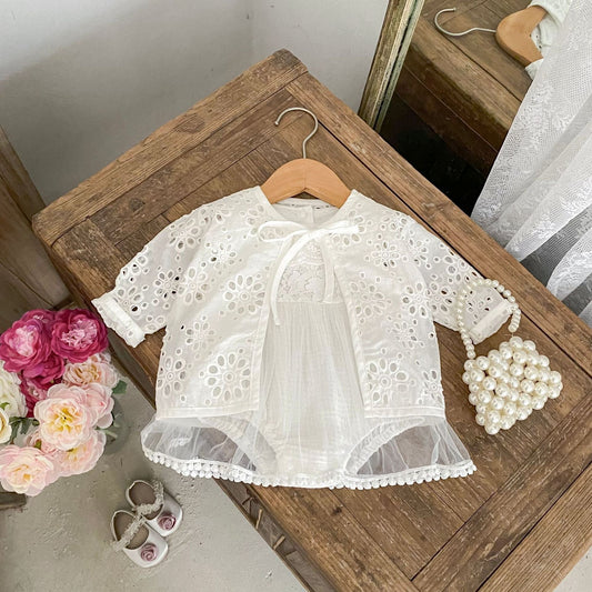 半袖ロンパース 刺繍フラワーレーススカートドッキングロンパース【mh0010170】