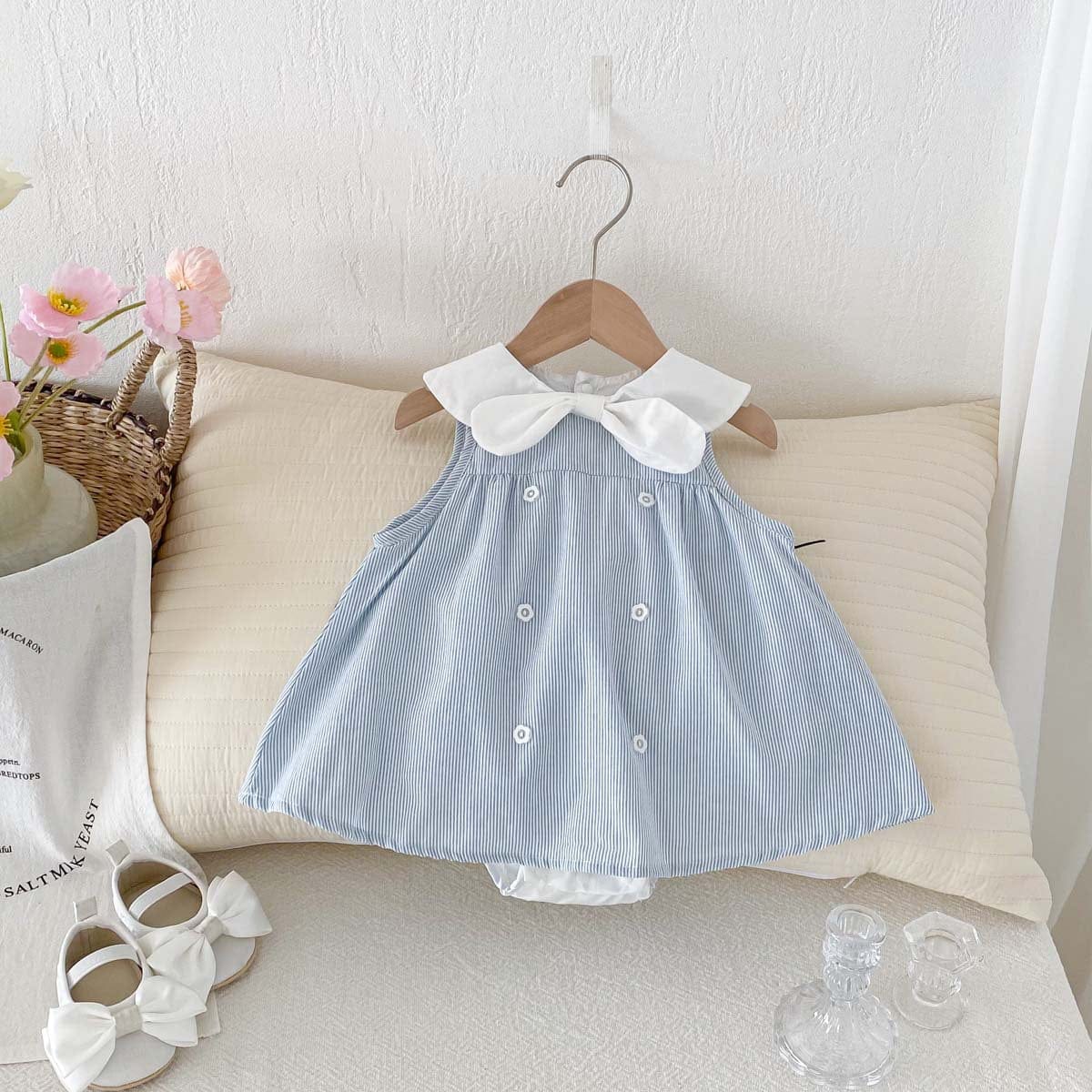 ノースリーブロンパース ストライプリボン襟ノースリーブワンピースロンパース【mh0010301】