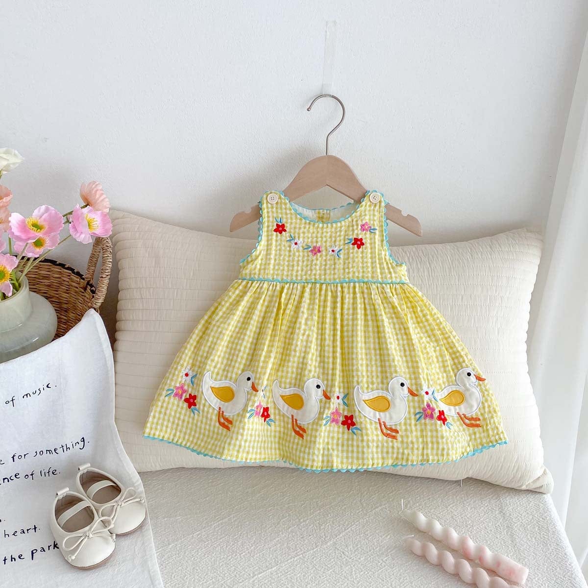 ノースリーブワンピース 鳥アップリケレトロチェックノースリーブワンピース【mh0010316】