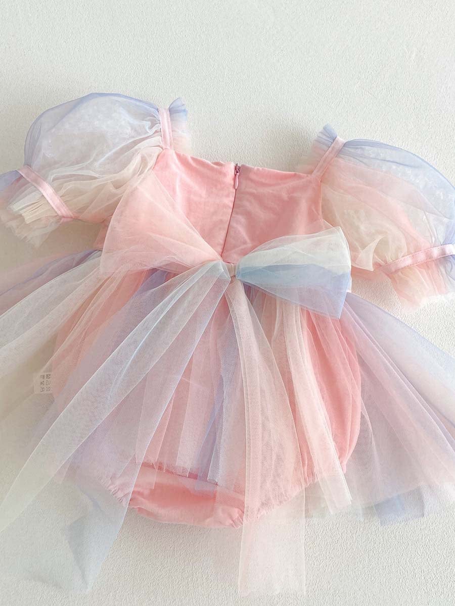 半袖ロンパース レインボーチュール半袖パフスリーブドレスロンパース【mh0010321】