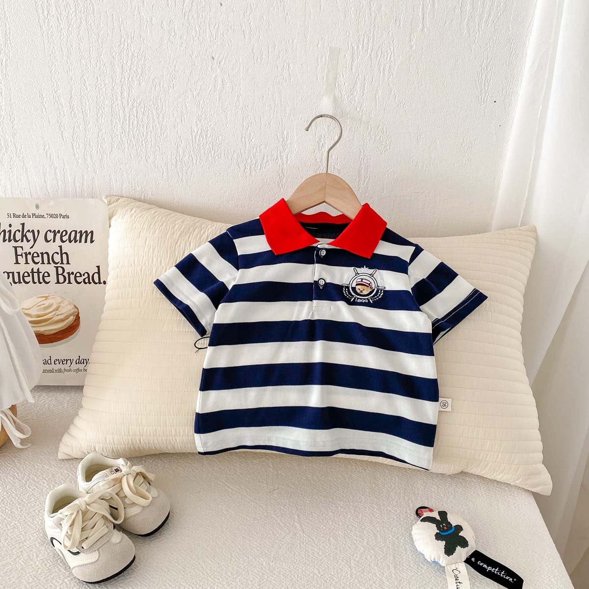 半袖シャツ・ブラウス ボーダーワンポイント刺繍半袖ポロシャツ【mh0010349】