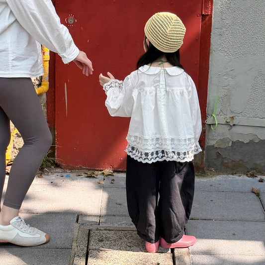 長袖シャツ・ブラウス 裾レース丸襟長袖ブラウス【mh0010572】