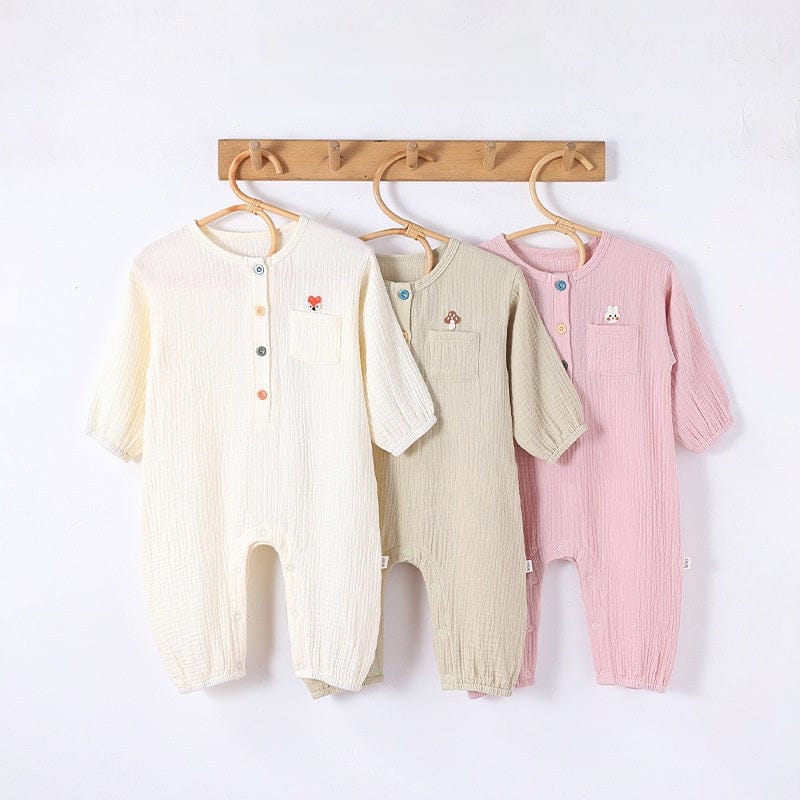 ワンポイント刺繍入り長袖ロンパース(3色セット)前開きボタン付き