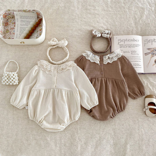 長袖ロンパース フリルレース襟ワッフルロンパース+ヘアバンドセット【mh0010921】