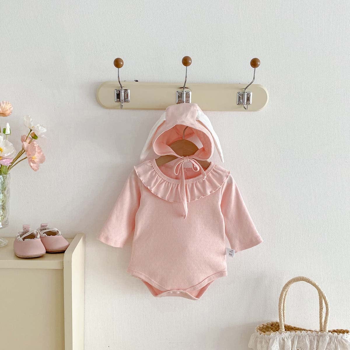 長袖ロンパース ラッフル襟長袖ロンパース+うさ耳ボンネット帽子セット【mh0010932】