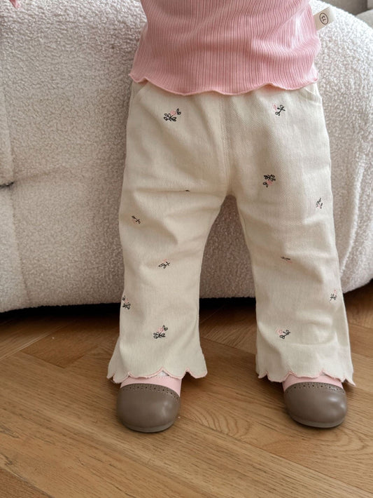 ロングパンツ・スウェットパンツ フラワー刺繍裾メロウフレアパンツ ワイドパンツ【mh0011018】