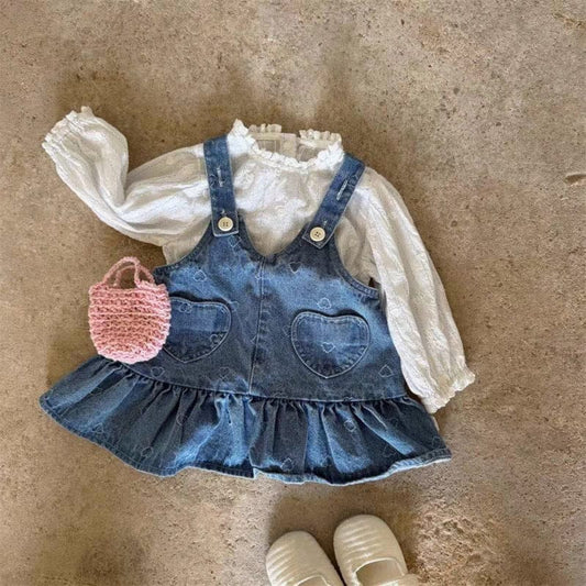 長袖セットアップ デニムサロペットワンピース/メロウフリル長袖ブラウス【mh0011023】