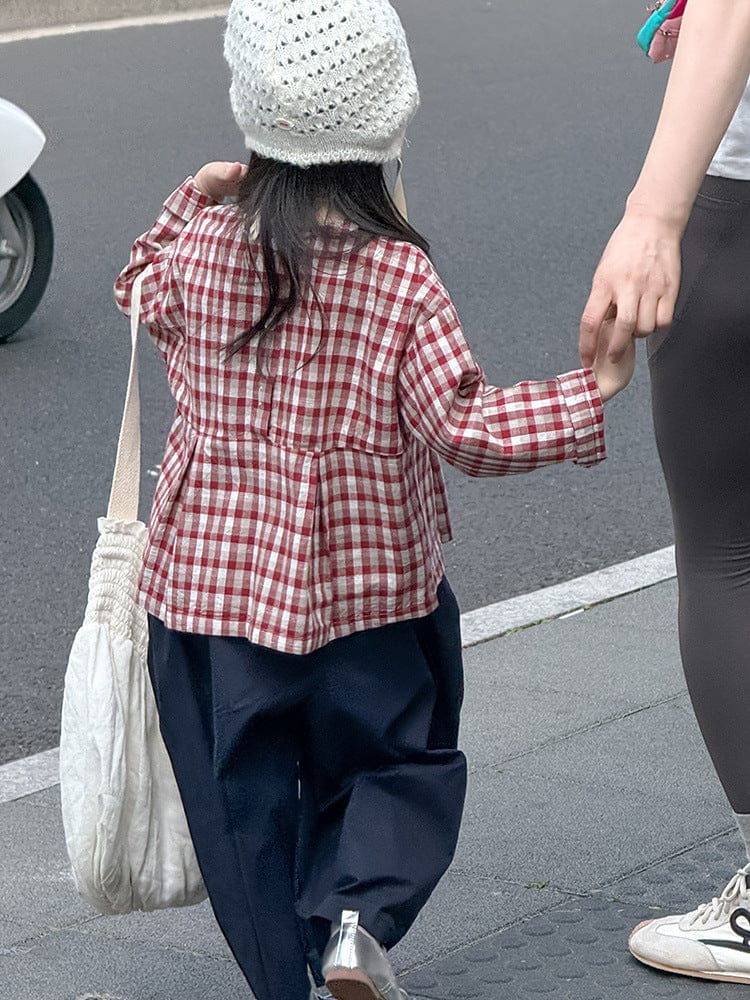 長袖シャツ・ブラウス レトロチェック柄ブラウス ラウンドネック ギャザー入りクロップド丈トップス【mh0011049】