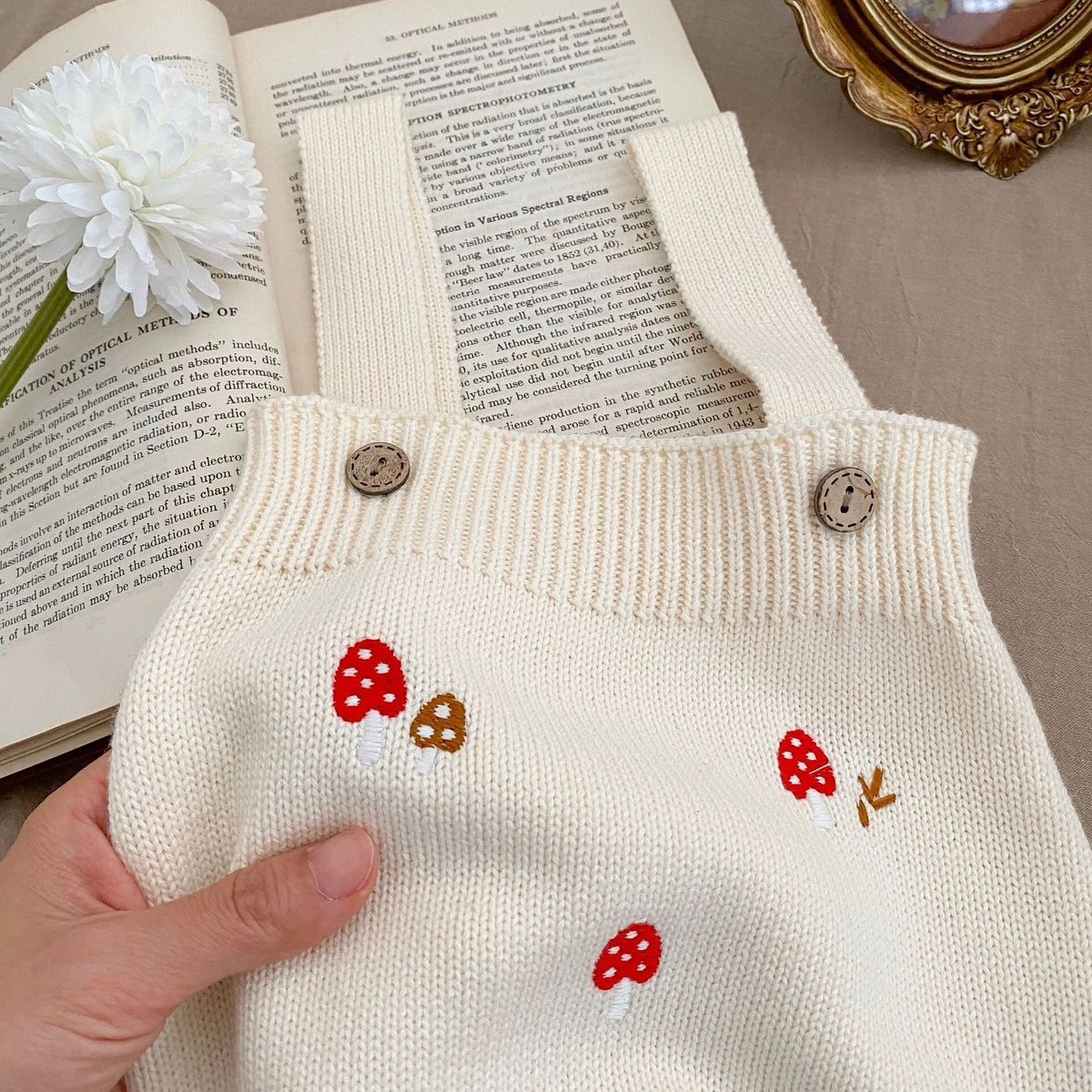 ベビー用白いニットロンパース、赤いきのこ刺繍とフロントボタンのアップ