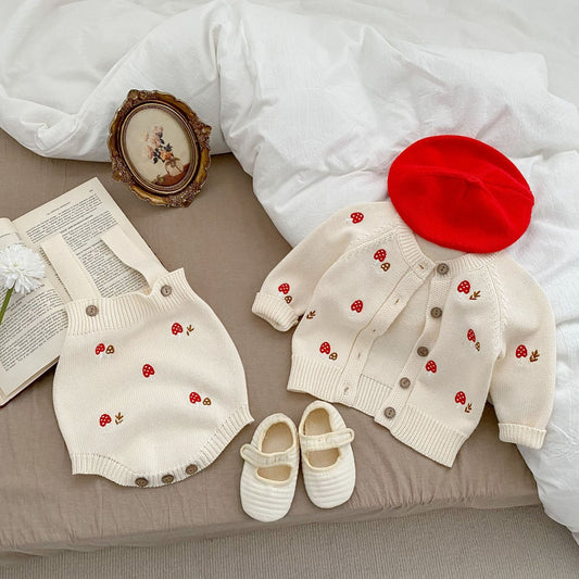 ロンパースセットアップ Mushroom Embroidered Cardigan & Romper Set キノコ 刺繍 カーディガン ロンパース【mh0012161】
