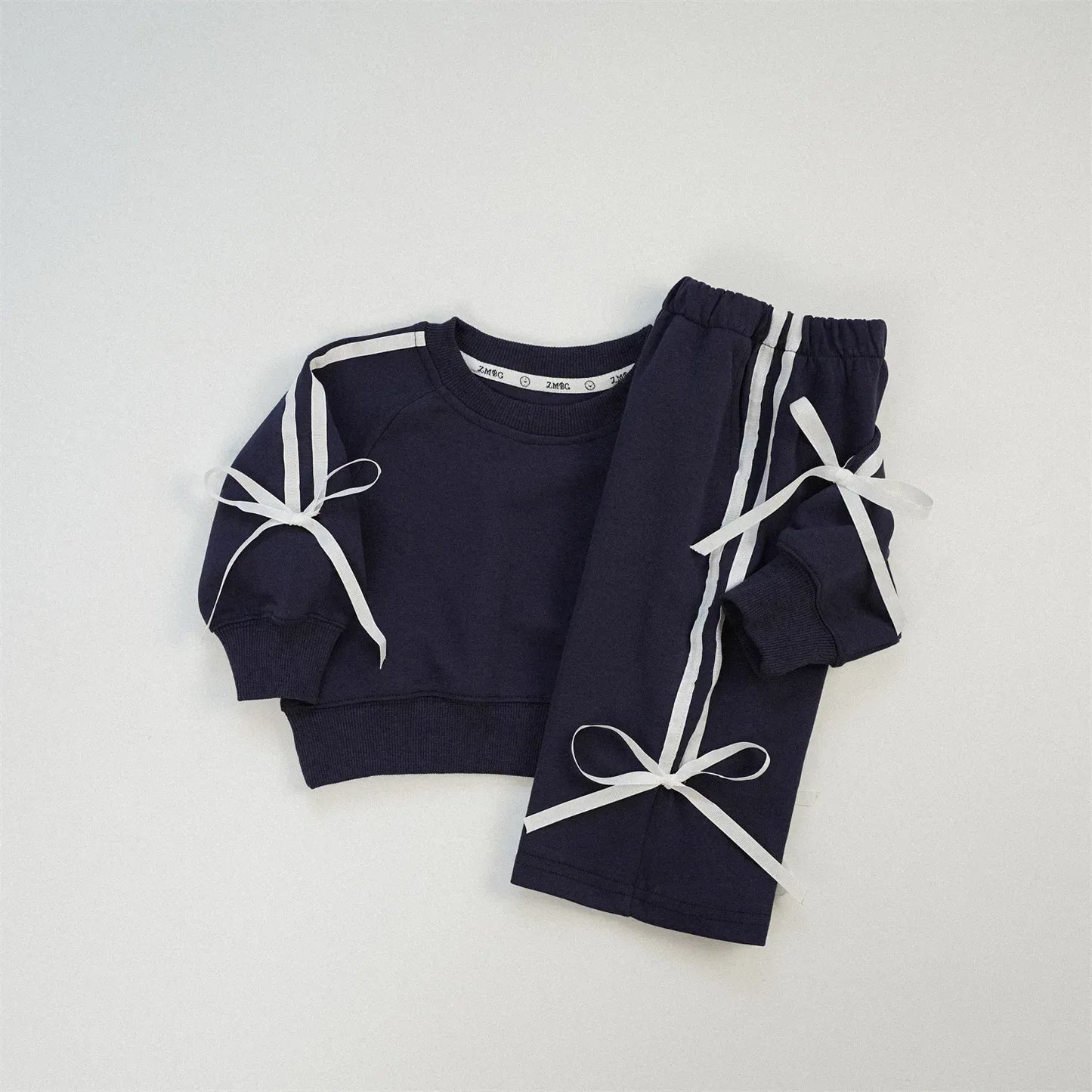 長袖セットアップ Navy / 12M 80CM キッズセットアップ 2点セット スウェット ジャージ リボンライン 長袖スウェットシャツ+ロングパンツ 4カラー【mh0006347】