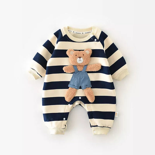長袖ロンパース navy / 66cm ベビーロンパース 長袖ジャンプスーツ ボーダー バナナ ベアくま スマイル 4柄【mh0003670】