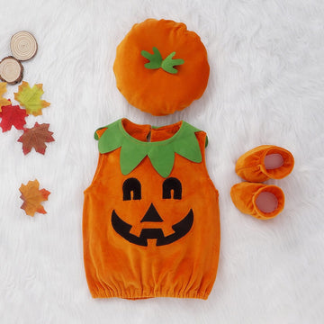 長袖ロンパース orange 3pc set / 80cm ベビー キッズ ハロウィン Halloween コスチューム かぼちゃ ジャックオーランタン 長袖 ボーダー ロンパース ユニセックス