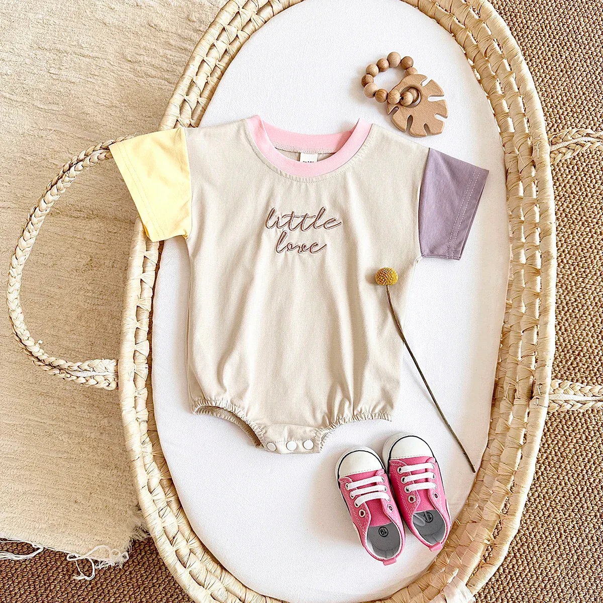 半袖ロンパース Pink / 0-3M 59cm ベビーロンパース パッチワーク レターロゴ 半袖ボディスーツ 2カラー【mh0005854】