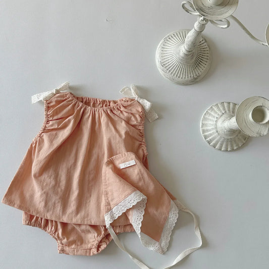 ノースリーブセットアップ pink 3pc set / 66cm 0-6m ベビーセットアップ 3点セット リボンショルダーノースリーブブラウス+ブルマパンツ+ヘッドスカーフ三角巾 ピンク