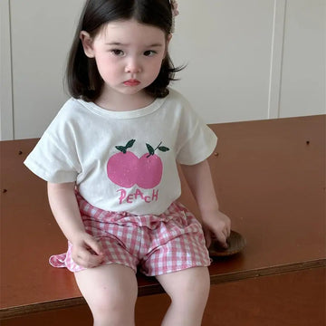 半袖セットアップ Pink / 6M 66CM ベビーセットアップ 2点セット 半袖Tシャツ+ショートパンツ フルーツプリント チェック 2カラー【mh0006274】