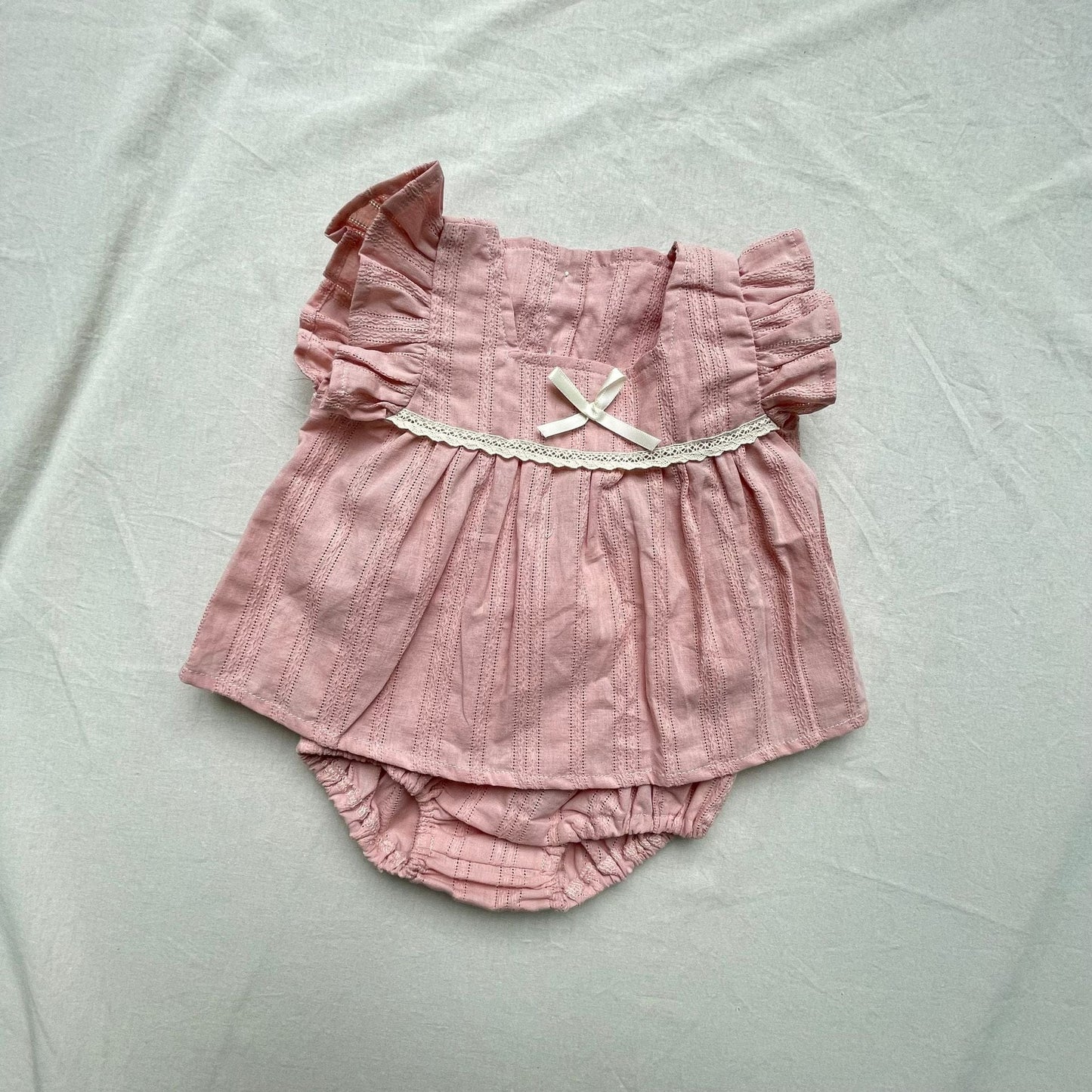 ノースリーブセットアップ Pink / 73cm レースフリル半袖チュニックブラウス+ブルマパンツセットアップ 2点セット【mh0009429】