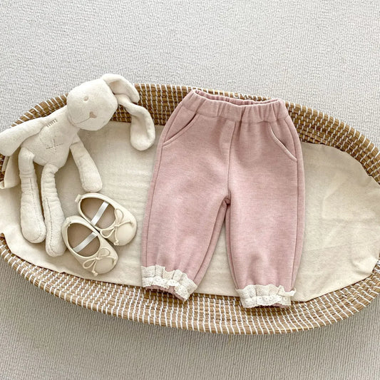 ロングパンツ・スウェットパンツ Pink / 73cm 6-9M ベビーキッズパンツ 裾レースフリル裏フリースロングスウェットパンツ 2カラー【mh0007512】