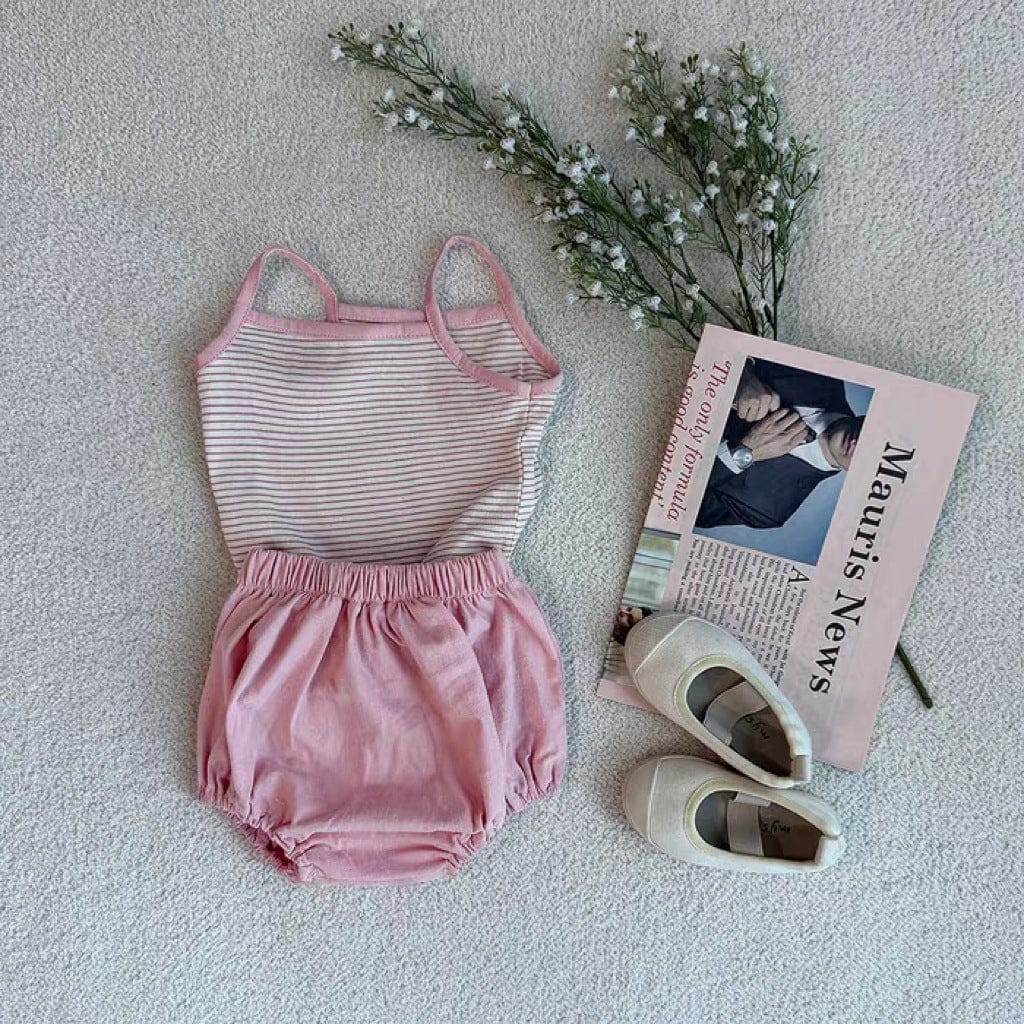 ノースリーブセットアップ Pink / 73cm striped suspenders t shorts suit【mh0009523】