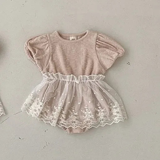 ロンパースセットアップ Pink / 80cm ベビーロンパース レーススカートセット 半袖パフスリーブボディスーツ 2カラー【mh0005544】