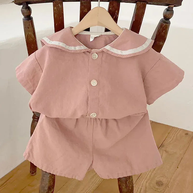 半袖セットアップ Pink / 9M 73CM ベビーキッズセットアップ 2点セット セーラーカラー半袖シャツ+ショートパンツ 3カラー【mh0004768】