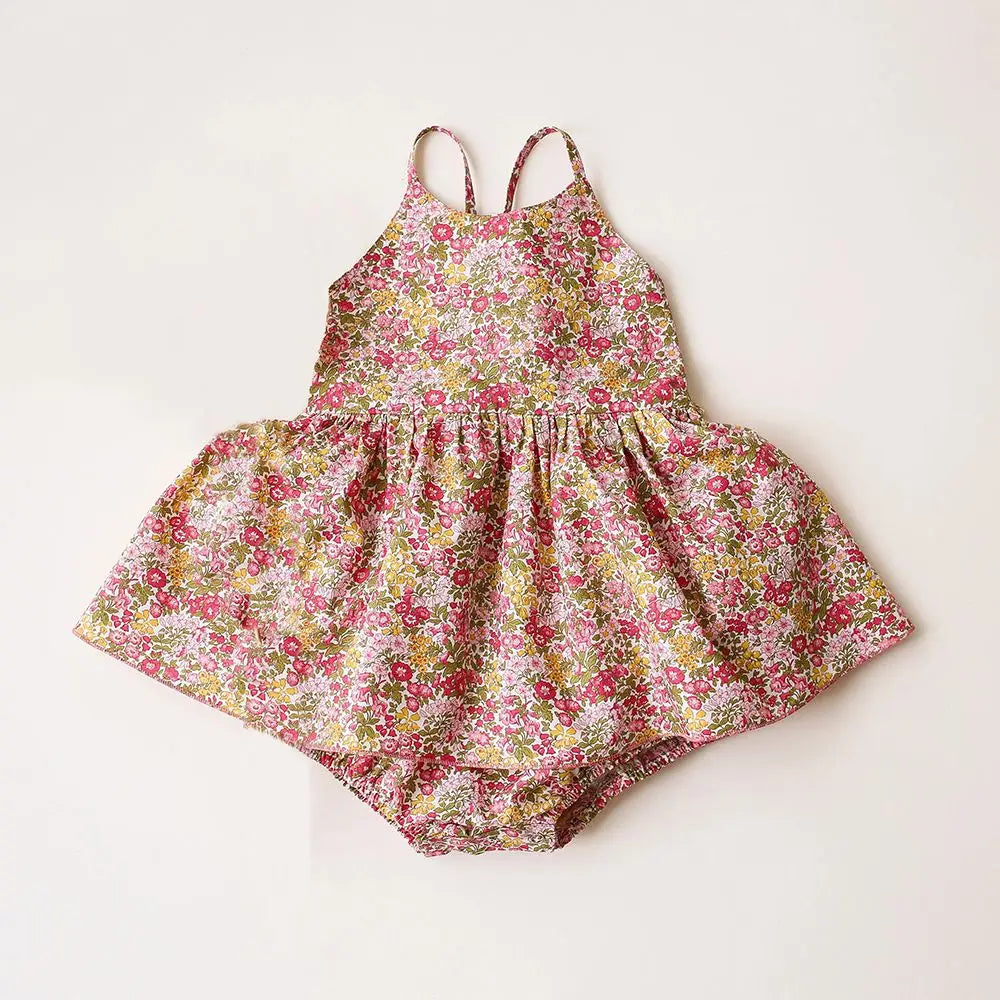 ノースリーブロンパース pink flower / 3-6M 66cm ベビーロンパース キャミソールスカートボディースーツ 無地/フラワー花柄プリント【mh0005749】