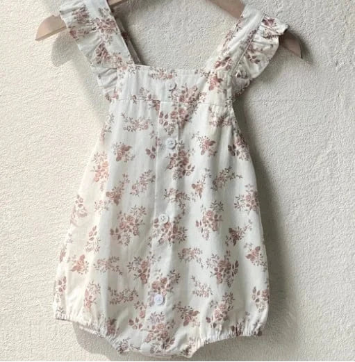 ノースリーブロンパース pink flowers / 66cm 0-6m ベビーロンパース サスペンダーフリルボディスーツ フラワー花柄プリント 2カラー