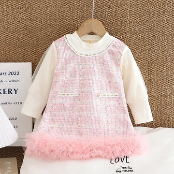 長袖ワンピース Pink / M 80 6-12M ベビーキッズワンピース チュール裾ツイード風長袖セータードッキングワンピース【mh0007715】