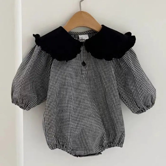 長袖ロンパース Plaid / 6M 66CM ベビーロンパース ビッグフリル襟バイカラー長袖ボディスーツ 2カラー【mh0006787】