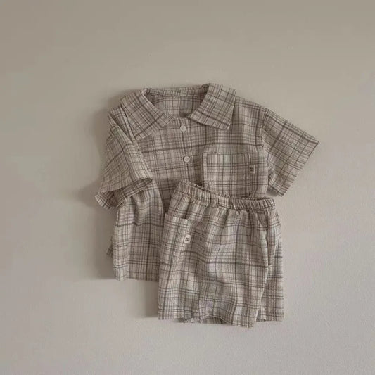 半袖セットアップ Plaid / 9M 73CM キッズセットアップ 2点セット 半袖シャツ+ショートパンツ レトロ 無地/チェック 2カラー【mh0005461】